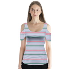 Horizontal Line Green Pink Gray Butterfly Sleeve Cutout Tee 