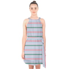 Horizontal Line Green Pink Gray Halter Collar Waist Tie Chiffon Dress