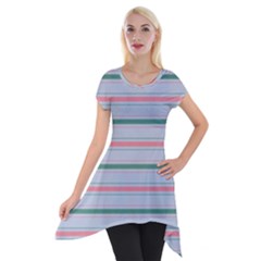 Horizontal Line Green Pink Gray Short Sleeve Side Drop Tunic