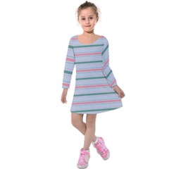 Horizontal Line Green Pink Gray Kids  Long Sleeve Velvet Dress by Mariart