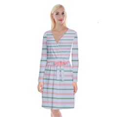 Horizontal Line Green Pink Gray Long Sleeve Velvet Front Wrap Dress