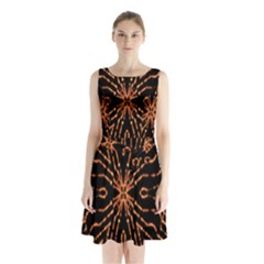 Golden Fire Pattern Polygon Space Sleeveless Waist Tie Chiffon Dress