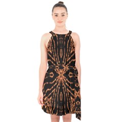 Golden Fire Pattern Polygon Space Halter Collar Waist Tie Chiffon Dress