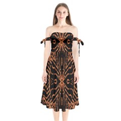 Golden Fire Pattern Polygon Space Shoulder Tie Bardot Midi Dress