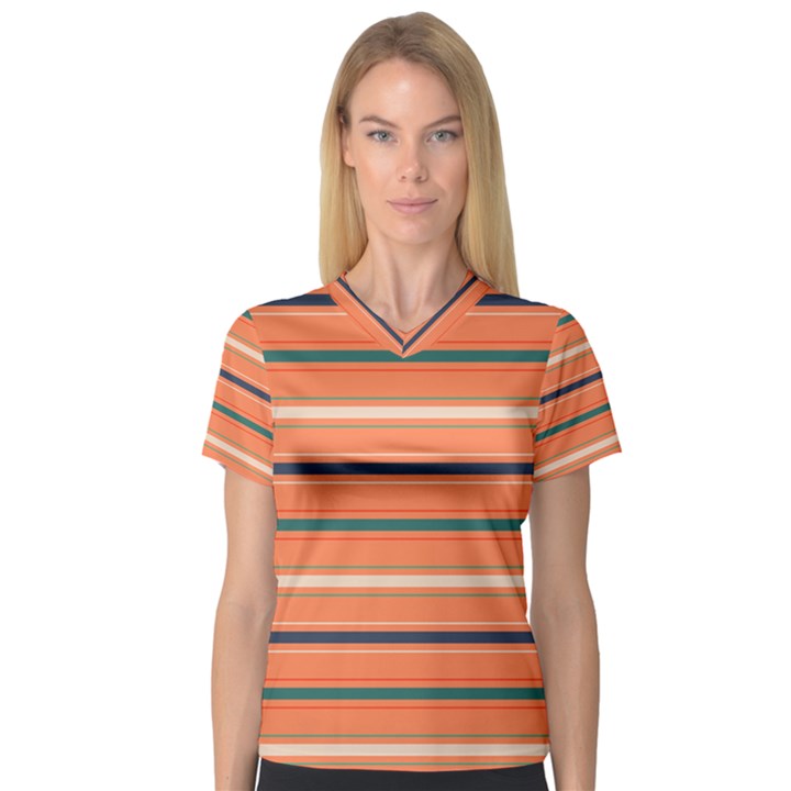 Horizontal Line Orange V-Neck Sport Mesh Tee