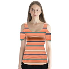 Horizontal Line Orange Butterfly Sleeve Cutout Tee 