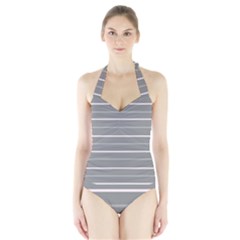 Horizontal Line Grey Pink Halter Swimsuit by Mariart