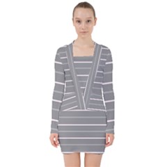 Horizontal Line Grey Pink V-neck Bodycon Long Sleeve Dress