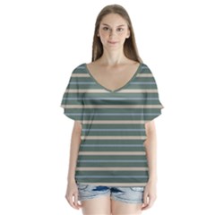 Horizontal Line Grey Blue V-neck Flutter Sleeve Top