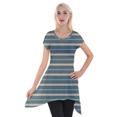 Horizontal Line Grey Blue Short Sleeve Side Drop Tunic