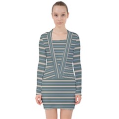 Horizontal Line Grey Blue V-neck Bodycon Long Sleeve Dress by Mariart