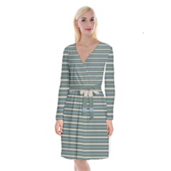 Horizontal Line Grey Blue Long Sleeve Velvet Front Wrap Dress by Mariart