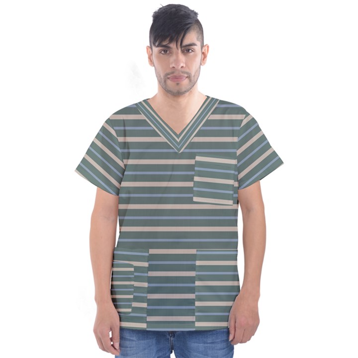 Horizontal Line Grey Blue Men s V-Neck Scrub Top