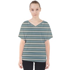 Horizontal Line Grey Blue V-neck Dolman Drape Top