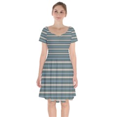 Horizontal Line Grey Blue Short Sleeve Bardot Dress