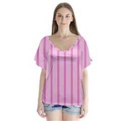 Line Pink Vertical V-neck Flutter Sleeve Top