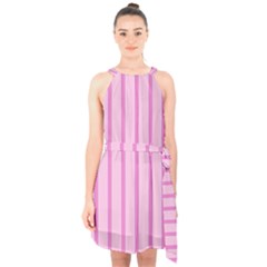 Line Pink Vertical Halter Collar Waist Tie Chiffon Dress