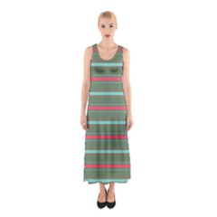 Horizontal Line Red Green Sleeveless Maxi Dress