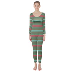 Horizontal Line Red Green Long Sleeve Catsuit by Mariart