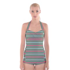 Horizontal Line Red Green Boyleg Halter Swimsuit  by Mariart