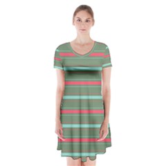 Horizontal Line Red Green Short Sleeve V-neck Flare Dress