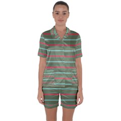 Horizontal Line Red Green Satin Short Sleeve Pyjamas Set