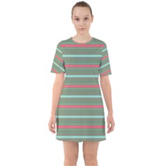 Horizontal Line Red Green Sixties Short Sleeve Mini Dress by Mariart