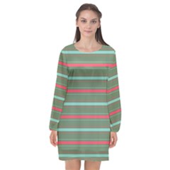 Horizontal Line Red Green Long Sleeve Chiffon Shift Dress 