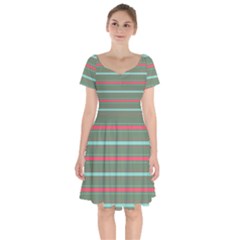 Horizontal Line Red Green Short Sleeve Bardot Dress