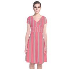 Line Red Grey Vertical Short Sleeve Front Wrap Dress