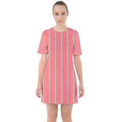 Line Red Grey Vertical Sixties Short Sleeve Mini Dress