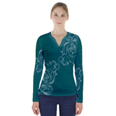 Leaf Green Blue Sexy V-neck Long Sleeve Top by Mariart