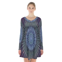 Peaceful Flower Formation Sparkling Space Long Sleeve Velvet V-neck Dress by Mariart