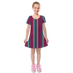 Red Blue Line Vertical Kids  Short Sleeve Velvet Dress by Mariart