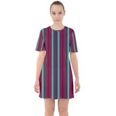 Red Blue Line Vertical Sixties Short Sleeve Mini Dress