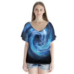 Hole Space Galaxy Star Planet V-neck Flutter Sleeve Top