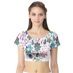 Prismatic Psychedelic Floral Heart Background Short Sleeve Crop Top