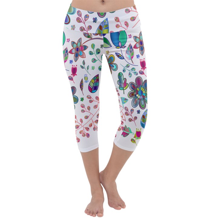 Prismatic Psychedelic Floral Heart Background Capri Yoga Leggings