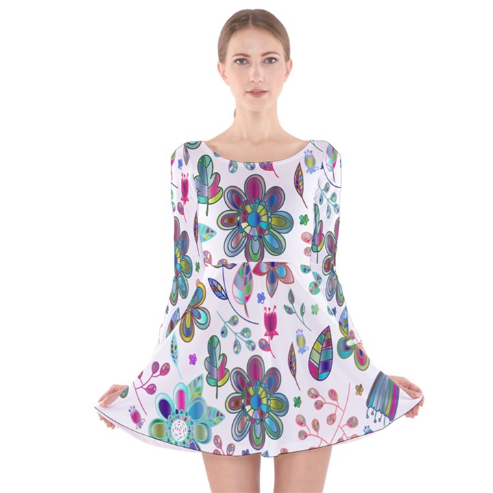 Prismatic Psychedelic Floral Heart Background Long Sleeve Velvet Skater Dress