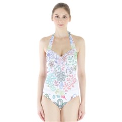 Prismatic Neon Floral Heart Love Valentine Flourish Rainbow Halter Swimsuit