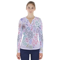 Prismatic Neon Floral Heart Love Valentine Flourish Rainbow V-neck Long Sleeve Top