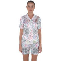 Prismatic Neon Floral Heart Love Valentine Flourish Rainbow Satin Short Sleeve Pyjamas Set