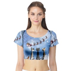 Christmas, Cute Cats Looking In The Sky To Santa Claus Short Sleeve Crop Top by FantasyWorld7