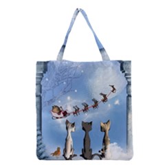 Christmas, Cute Cats Looking In The Sky To Santa Claus Grocery Tote Bag by FantasyWorld7