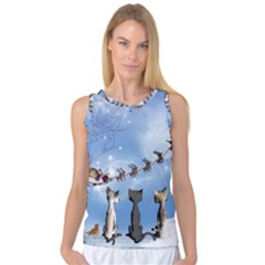 Christmas, Cute Cats Looking In The Sky To Santa Claus Women s Basketball Tank Top by FantasyWorld7