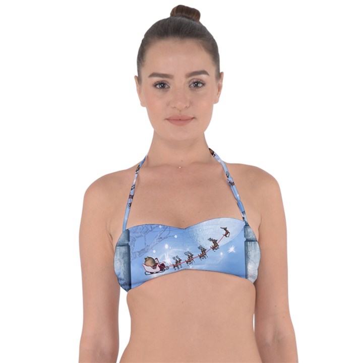 Christmas, Cute Cats Looking In The Sky To Santa Claus Halter Bandeau Bikini Top