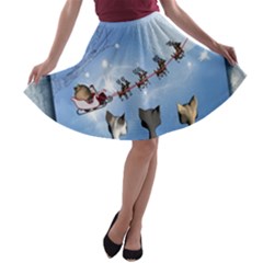 Christmas, Cute Cats Looking In The Sky To Santa Claus A-line Skater Skirt by FantasyWorld7