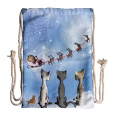 Christmas, Cute Cats Looking In The Sky To Santa Claus Drawstring Bag (large) by FantasyWorld7