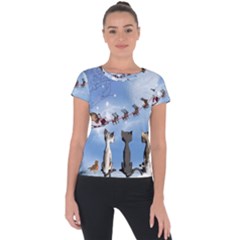 Christmas, Cute Cats Looking In The Sky To Santa Claus Short Sleeve Sports Top  by FantasyWorld7