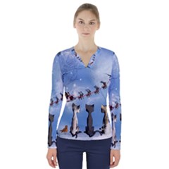 Christmas, Cute Cats Looking In The Sky To Santa Claus V-neck Long Sleeve Top by FantasyWorld7